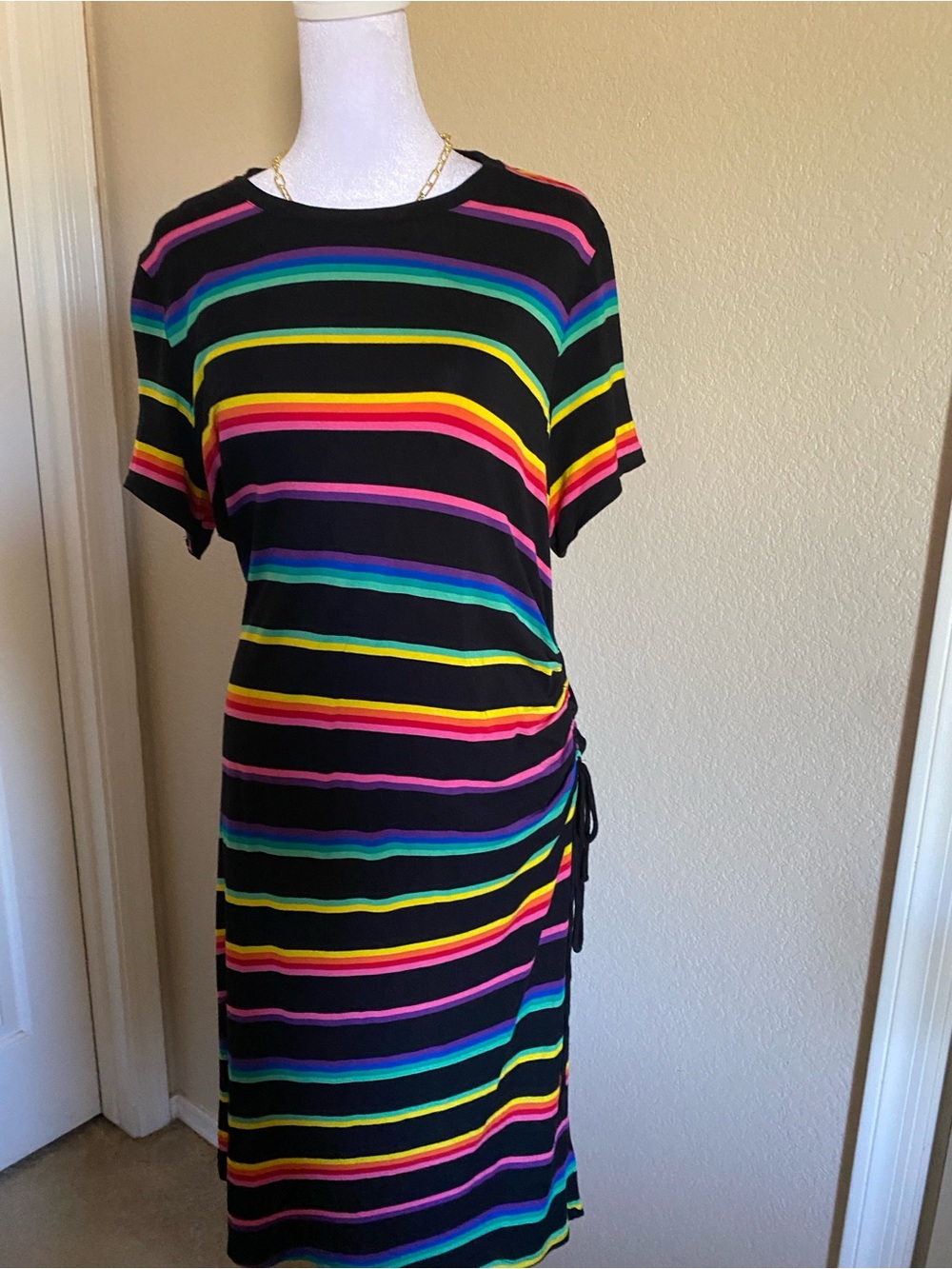 Torrid rainbow stretch knit adjustable side ruched casual cozy curvy crew neck